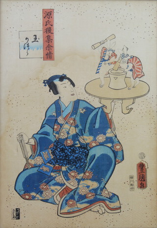 A late 19th Century Japanese woodblock print of a lady holding a table aloft with 2 moon rabbits mixing with pestles and a mortar, signed, 36cm x 26cm and 4 others