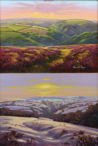 ** Donald Ayres, born 1938, oils on board, a pair, signed "Sunset in Devon" and "Snow in Devon", moorland scenes, 29cm x 39.5cm  **PLEASE NOTE - Works by this artist may be subject to Artist's Resale Rights 