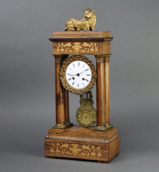 Japy Freres, a 19th Century French striking on bell portico clock having an enamelled dial with Roman numerals contained in a gilt metal and inlaid rosewood case surmounted by an associated gilt painted figure of a lion 46cm h x 24cm w x 13cm d  