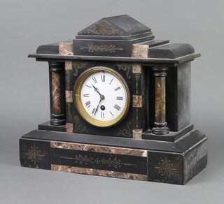 A 19th Century French 8 day timepiece with enamelled dial and Roman numerals contained in a 2 colour marble architectural case 30cm h x 35cm w x 15cm d, complete with 2 keys and 1 pendulum 