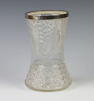A cut glass waisted vase with silver collar Sheffield 1903 18cm