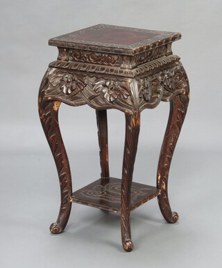 A square Chinese carved hardwood 2 tier jardiniere stand, raised on cabriole supports 76cm h x 35cm w x 35cm d 