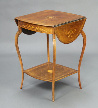 A Victorian oval inlaid rosewood drop flap 2 tier occasional table, raised on cabriole supports 67cm h x 46cm w x 49cm d 