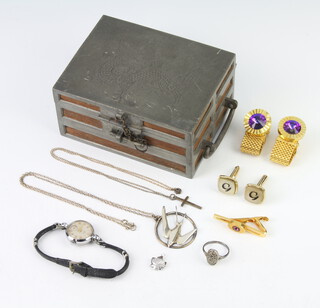 A small quantity of vintage costume jewellery contained in a Chinese pewter mounted box 