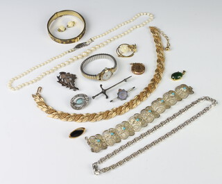 A gilt locket, a silver filigree bracelet and minor costume jewellery 