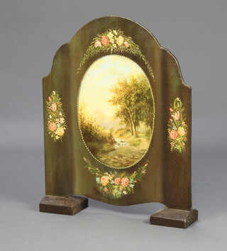 A 1930's arched painted fire screen, the centre painted a rural scene 67cm h x 53cm w x 13cm d 