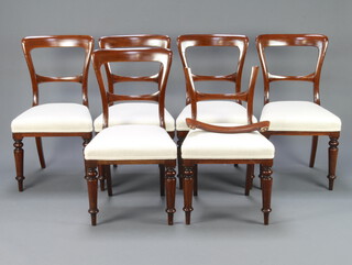 A set of 6 Victorian mahogany bar back dining chairs with plain mid rails (recently polished and re-upholstered), raised on turned supports 88cm h x 48cm w x 44cm d (seats 23cm x 28cm)   