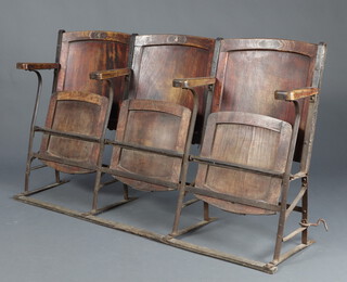 Three 19th/20th Century iron and plywood Thonet style folding cinema seats 87cm h x 157cm w x 41cm d, inside seat measurement 31cm x 31cm