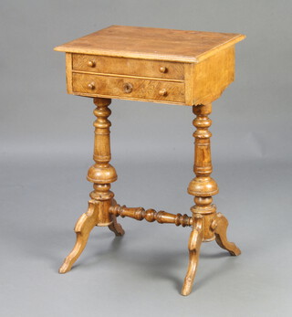 A 19th Century Continental light oak rectangular work table fitted 2 drawers, raised on turned supports with H framed stretcher 74cm h x 48cm w x 41cm d  