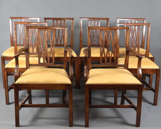 A set of 8 19th Century Georgian style slat back dining chairs with upholstered drop in seats, raised on square supports with H framed stretchers - 2 carvers 93cm h x 55cm w x 46cm d and 6 standard chairs 92cm h x 51cm w x 43cm d, the underside of the chairs impressed 88882  