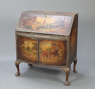 A Georgian style pine and painted leather bureau, the fall front revealing a well fitted interior, the base fitted a bow front cupboard enclose by panelled doors, decorated hunting scenes and raised on cabriole supports 108cm h x 92cm w x 52cm d 