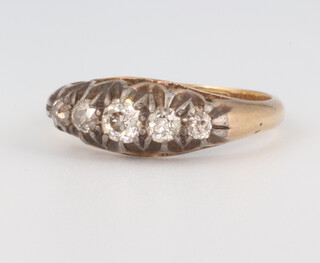 A yellow metal 18ct 5 stone graduated diamond ring, size K 12, 3.6 grams