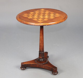 A 19th Century circular inlaid mahogany chess table raised on a turned column with triform base and bun feet 58cm h x 51cm diam. (formerly the base of a pole screen) 