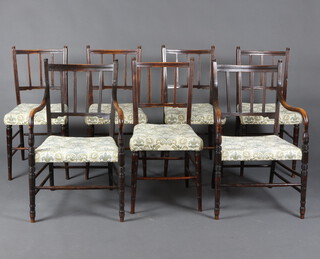 A set of 7 19th Century beech framed stick and bar back dining chairs with over stuffed seats raised on turned supports - 2 carvers 81cm h x 51cm w x 45cm d (seats 21cm x 28cm) and 5 standard chairs 83cm h x 40cm w x 39cm (seats 21cm x 24cm) 