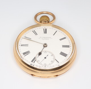 A gentleman's 18ct yellow gold mechanical pocket watch, the dial inscribed RT Bowman with seconds at 6 o'clock, contained in a 49mm case, gross weight including movement and glass 84 grams 