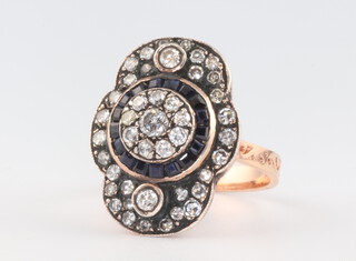 A rose coloured yellow metal Victorian style diamond and sapphire ring with engraved shank 7.5 grams, size M 1/2