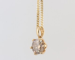 A yellow metal stamped 750 brilliant cut diamond pendant 1.0ct on a silver gilt chain (with WGI certificate) 