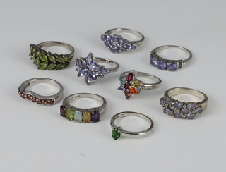 Nine silver gem set dress rings size N 