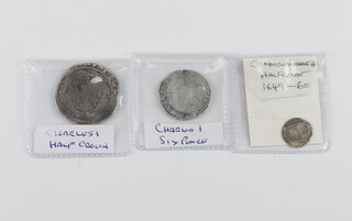 A Charles I half crown, a sixpence and a Commonwealth half groat 