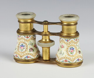 A pair of guilloche enamel gilt and mother of pearl opera glasses by Lemaire 