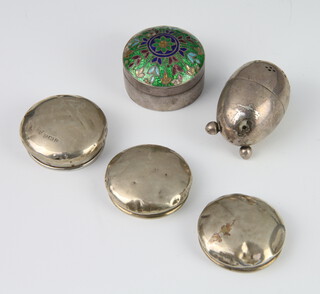 Three silver toilet jar lids, a condiment and a white metal enamelled box 36 grams gross 