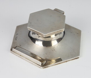 An Edwardian style silver hexagonal ink stand with pen rack, rubbed marks, 9.5cm 