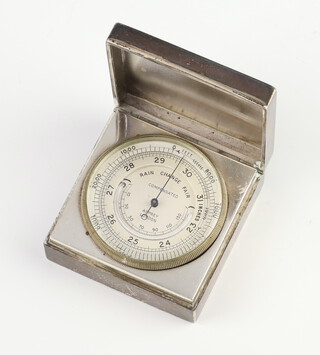 A silver desk top barometer contained in a square case with engraved presentation inscription London 1929, maker Asprey & Co, 5.5cm 