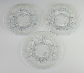 Three Art Deco opalescent ice dishes decorated with pine cones, with RD no 777133 17.5cm 