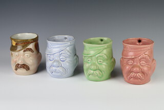 Three Bruce Bairnsfather "Old Bill" character mugs, pink, blue and green 11cm, a polychrome ditto 11cm 