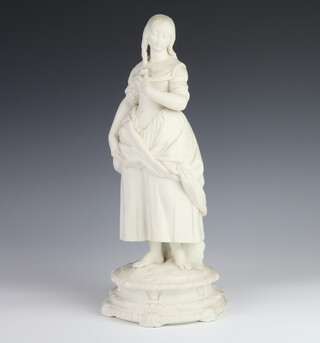A Victorian Parian figure of a standing young lady holding a rose, raised on a circular base 35cm 