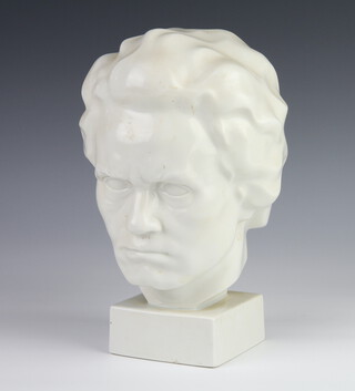 An Austrian white glazed bust of Beethoven on a square base 24cm 
