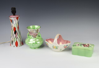 A Beswick rectangular trinket box decorated with flowers 1712 13cm, a Studio Ceramic table lamp with diamond decoration 22cm, a green ground Maling jug 15cm and a ditto basket 12cm 