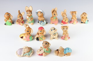 A Pendelfin figure of a rabbit holding a bowl 9cm, 12 other bunnies and 2 dogs (1 stuck)