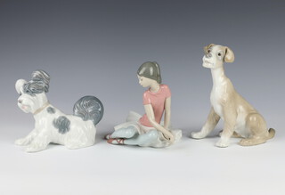 A Lladro figure of a seated ballerina 1357 16cm, ditto of a hound 20cm and a Terrier 12cm 