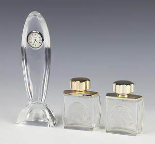 A Waterford Crystal timepiece 22cm, 2 modern Lalique clear glass scent bottles with gilt stoppers 10cm 
