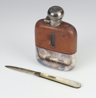 A silver plated mounted hip flask with cup base, a silver and tortoiseshell fruit knife 