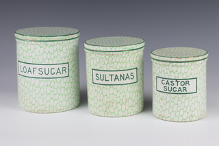Three 1930's Maling Cobblestone storage jars and covers - loaf sugar, sultanas and caster sugar 