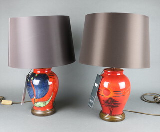 Two modern Poole table lamps and shades, African Sky and Himalayan Poppy pattern  27cm 