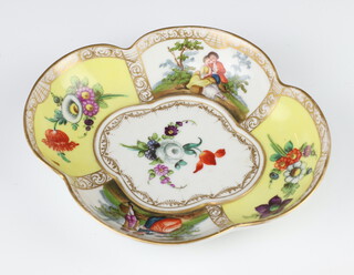 A Dresden yellow ground scallop dish decorated with flowers of fete gallant views 19cm 