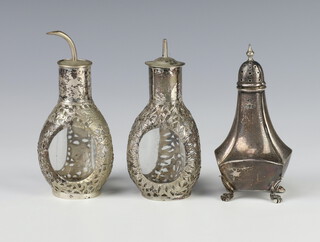 Two Sterling silver mounted glass oil bottles together with a silver pepper, pepper 48 grams 