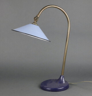 A mid-Century industrial light green and blue enamel anglepoise style lamp, raised on a circular base 45cm h x 16cm diam. 