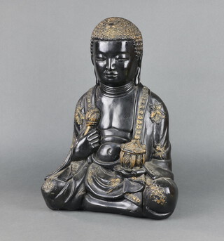 A black painted plaster figure of a seated Buddha 48cm x 35cm x 20cm together with an associated shaped oak bracket 22cm x 33cm x 18cm 