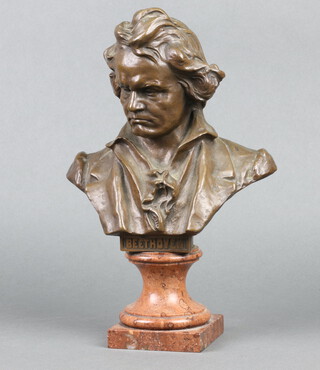 After H Muller, a head and shoulders portrait bust of Beethoven, raised on a polished square granite base 30cm h x 20cm w x 9cm d 