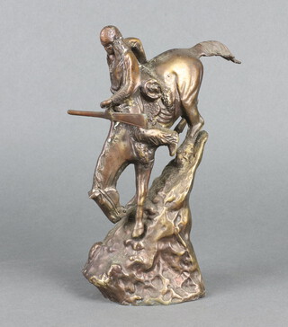 After Remington, a bronze figure of a mounted native American 22cm h x 10cm w x 6cm d 