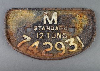 A cast iron railway wagon plate marked M.Standard 12 tons 742931 16cm x 28cm  