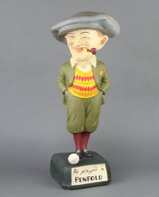 A reproduction resin Penfold advertising golfing figure of a standing golfer  with pipe, marked "He Played a Penfold" 50cm h x 16cm w x 16cm d 