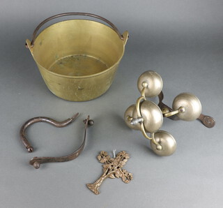 A 19th Century steel and iron 5 bell table bell together with a brass preserving pan with polished steel handle 13cm 