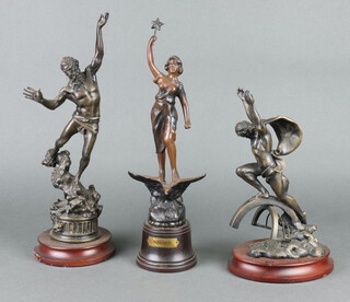 Franklin Mint, after Stuart Mark Feldman a classical bronze figure of Zeus 36cm h raised on a circular wooden base, 1 other Atlas on an oval base 25cm h and an Art Nouveau style spelter figure depicting Night raised on a socle base 34cm h  