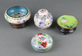 A blue and floral patterned cloisonne enamel jar and cover 9cm x 5cm, ditto ginger jar 10cm x 7cm, a circular bowl 5cm x 11cm and a dish 10cm 