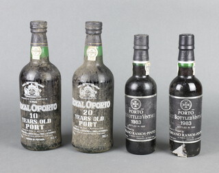 A 1988 bottle of 20 year old Royal Oporto port, a 1990 Royal Oporto bottle of 10 year old port and 2 half bottles of Ramos Pinto late bottled vintage port 1983
